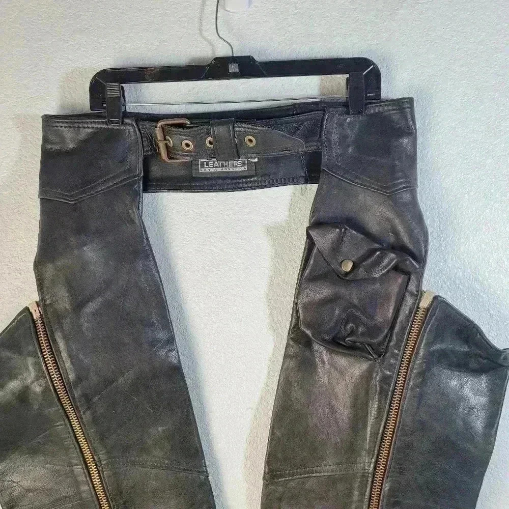 Motorcycle Chaps California Creations Black Leather Biker Sz Med Made In USA - Picture 2 of 8